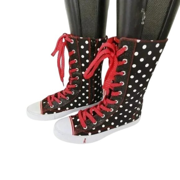 Disney Minnie Mouse Boots Size 6 M Black White Dot Red Lace Up  10 inch - Picture 2 of 8